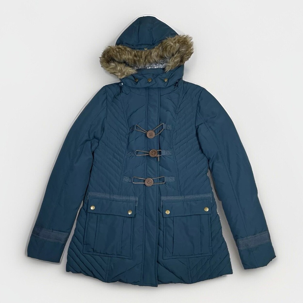 Free People Quilted Nylon Down Jacket Leather Button Detachable Hood Women's 8